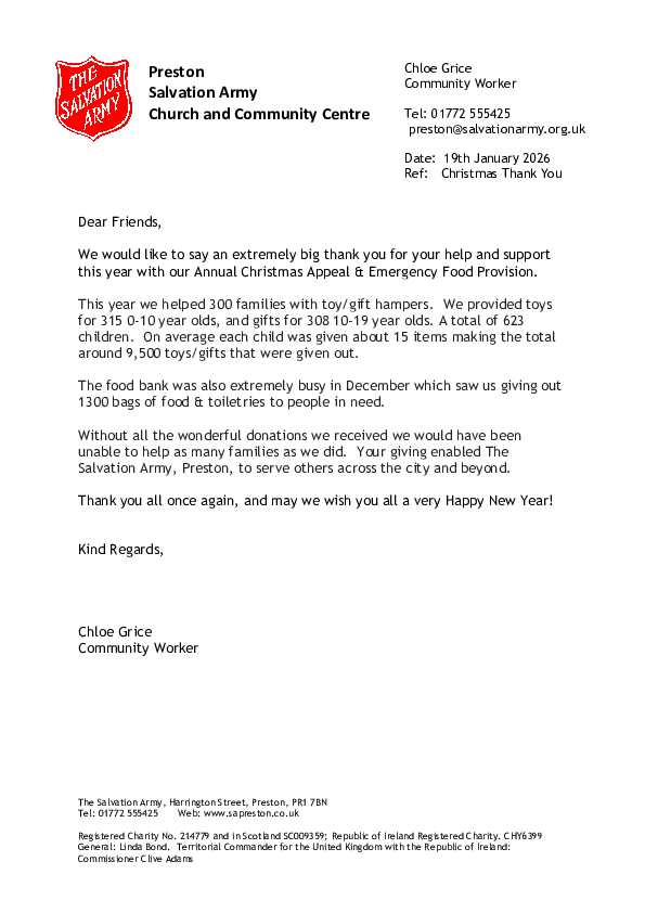 Salvtion Army Letter 2025