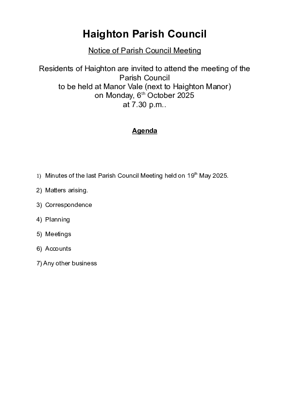 Agenda for Meeting on 6th October 2025