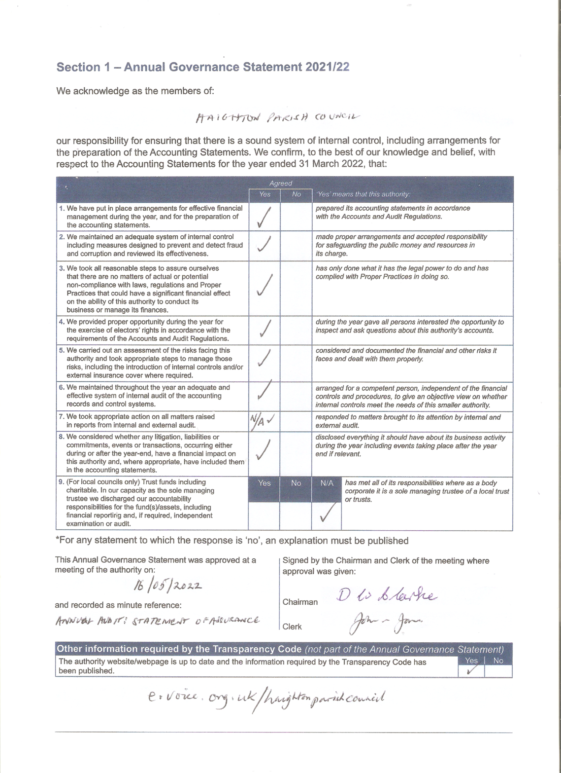 Annual Governance Statement YE 31/3/22