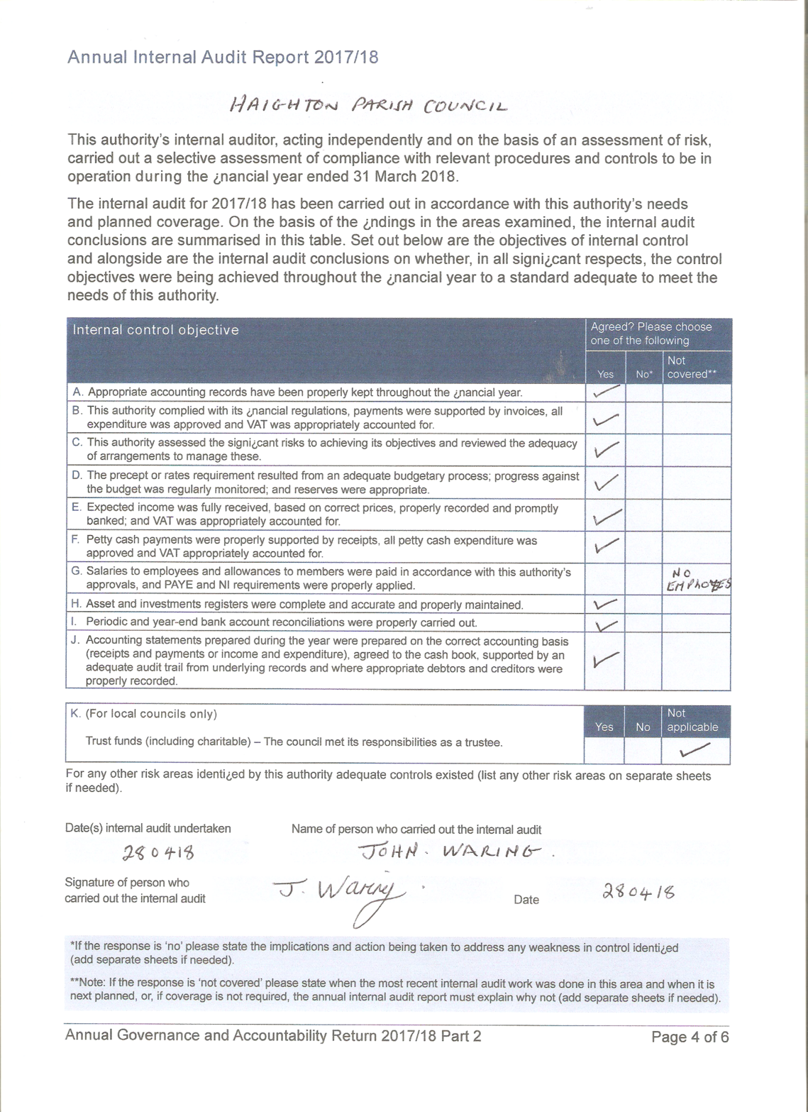 Annual Internal Audit Report YE 31st March 2018