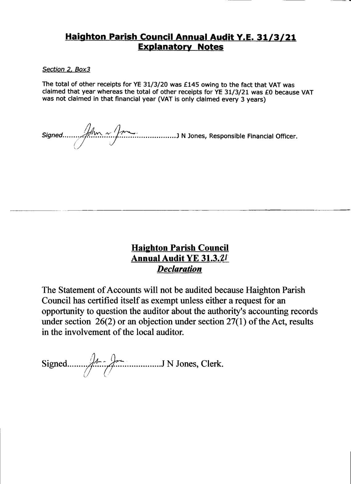 Audit YE 31/3/21 Explanatory Notes and Declaration