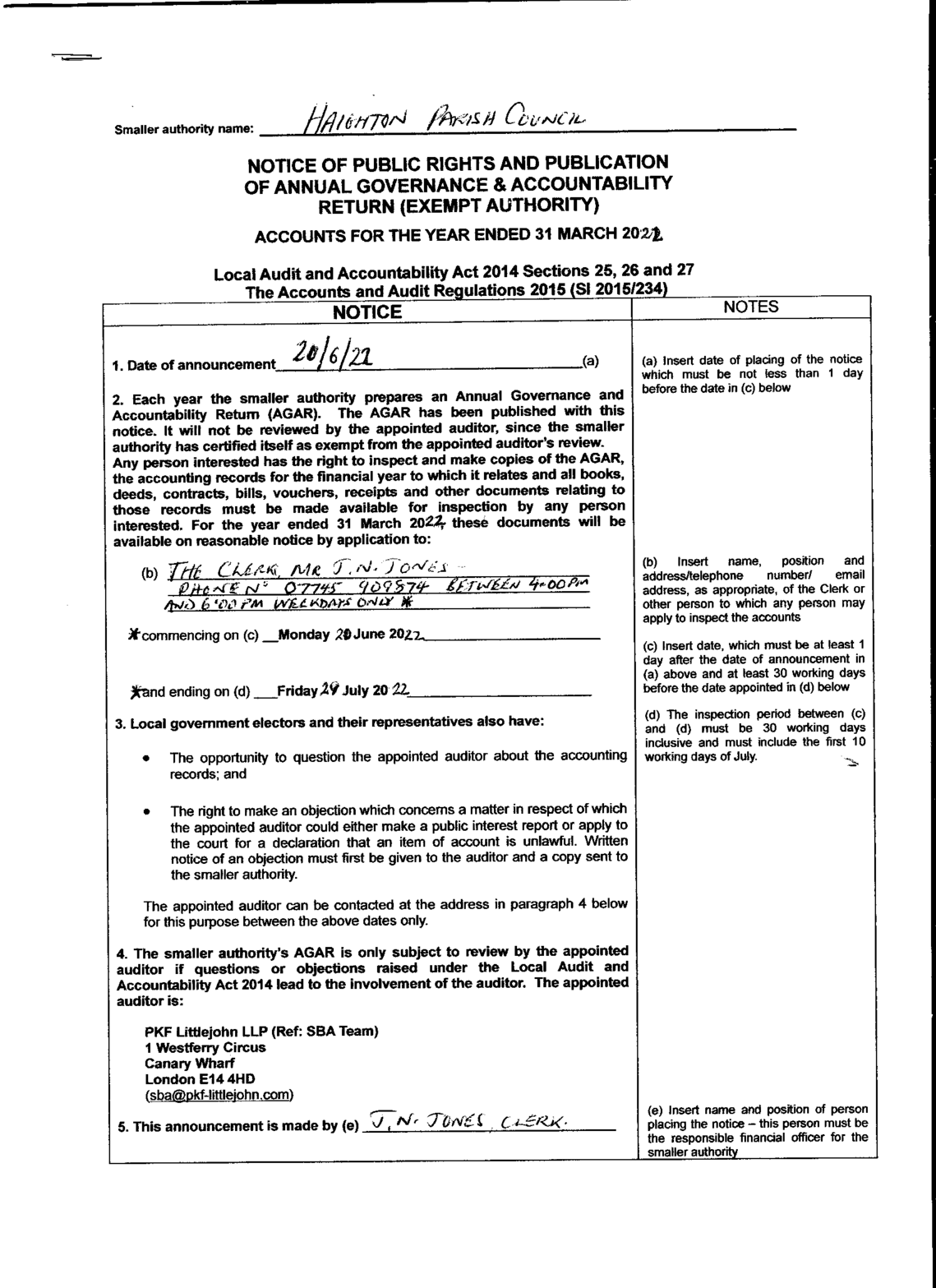 Audit YE 31/3/22 Notice of Public Rights Page 1