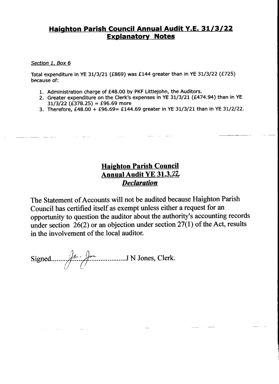 Audit YE 31/3/22Explanatory Notes and Declaration