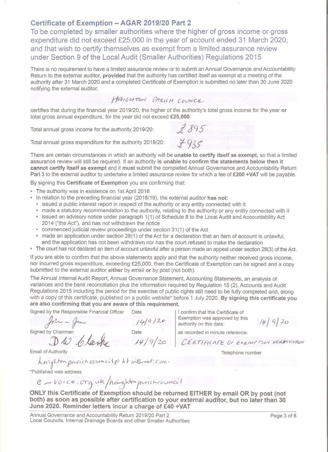 Certificate of Exemption 31.3.20