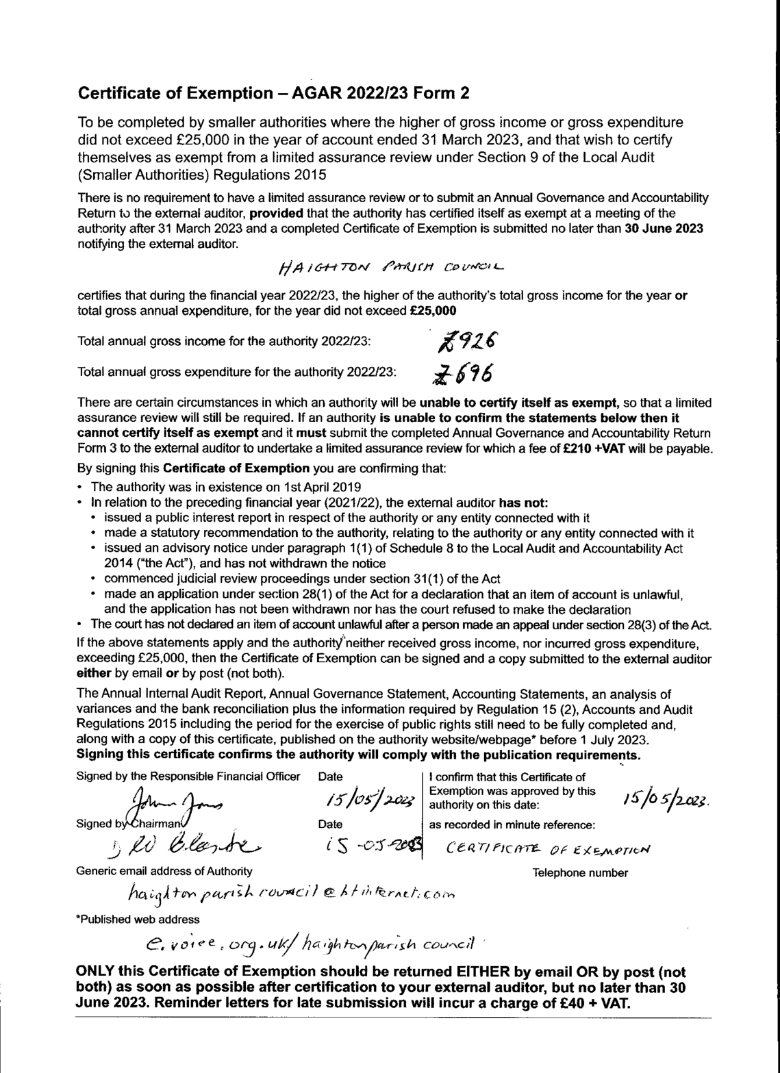 Certificate of Exemption YE 31/3/23