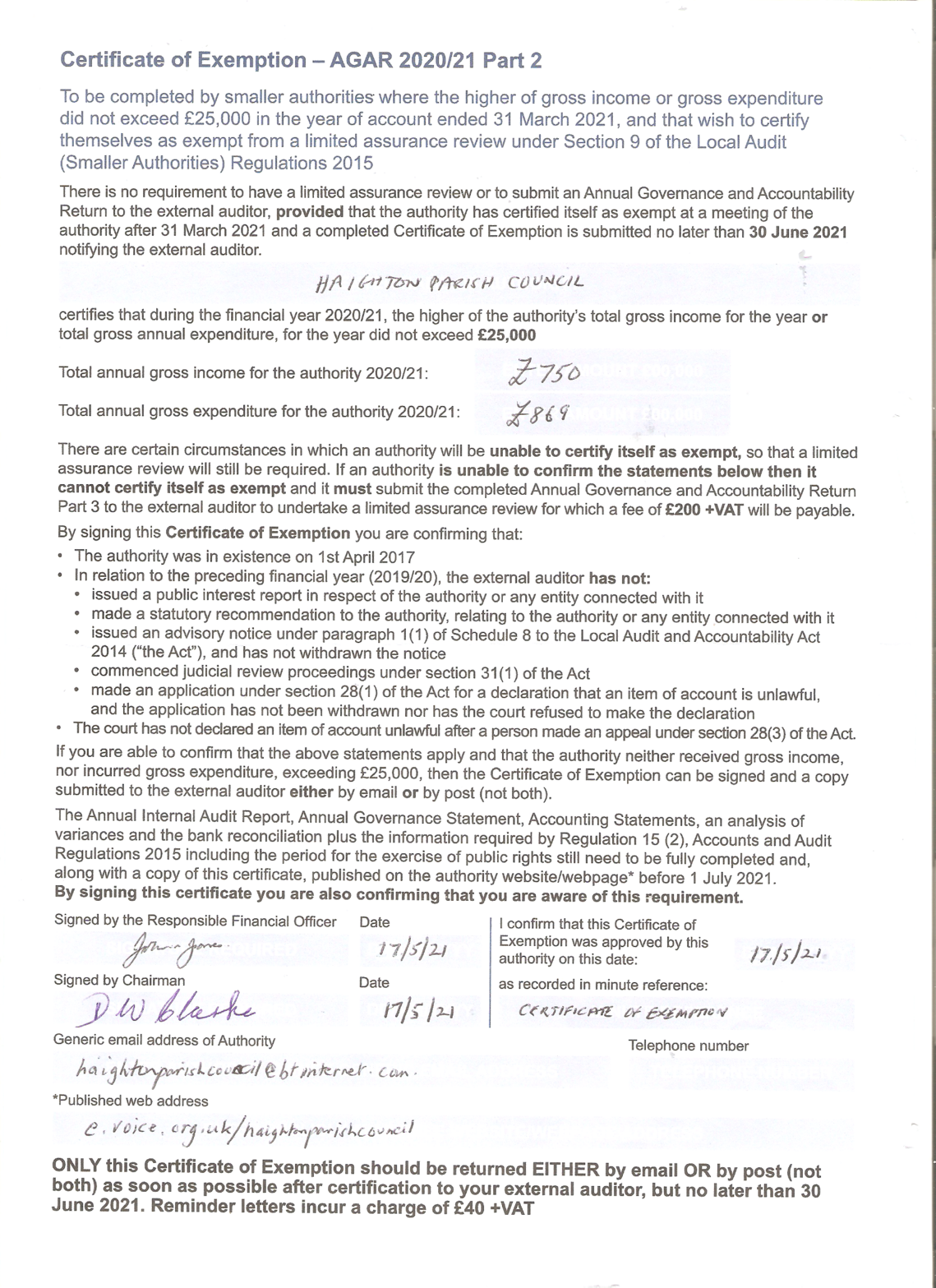 Certificate of Exemption YE31/3/21