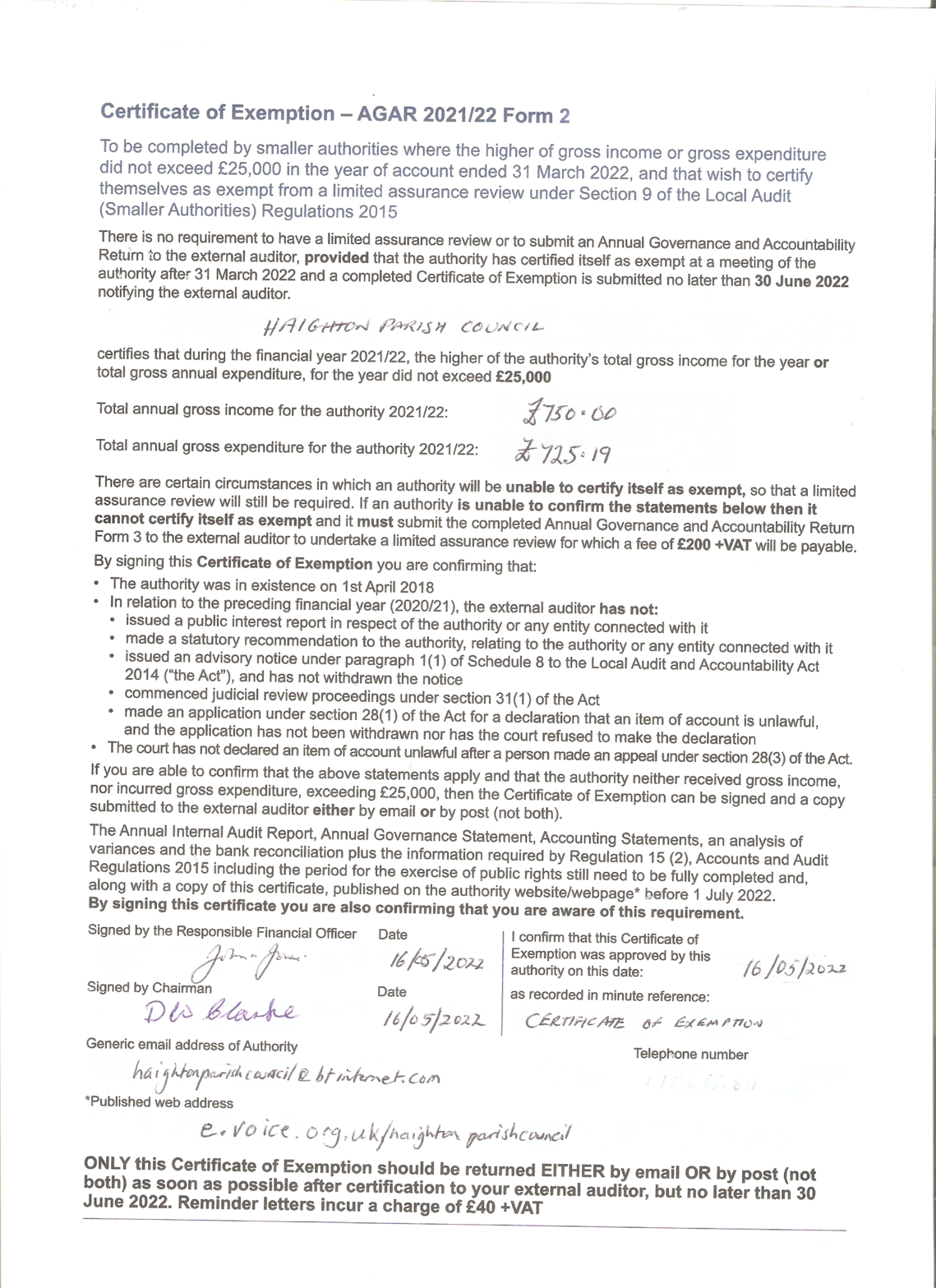 Certificate of Exemption YE31/3/22