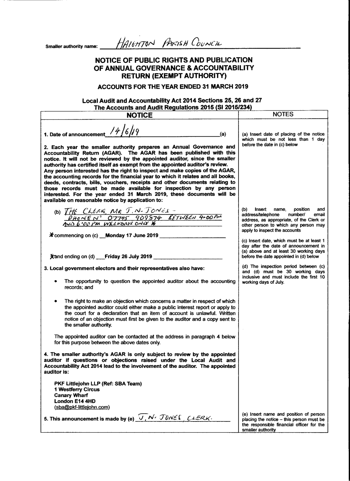 Notice for the Pariod for the Exercise of Public Rights