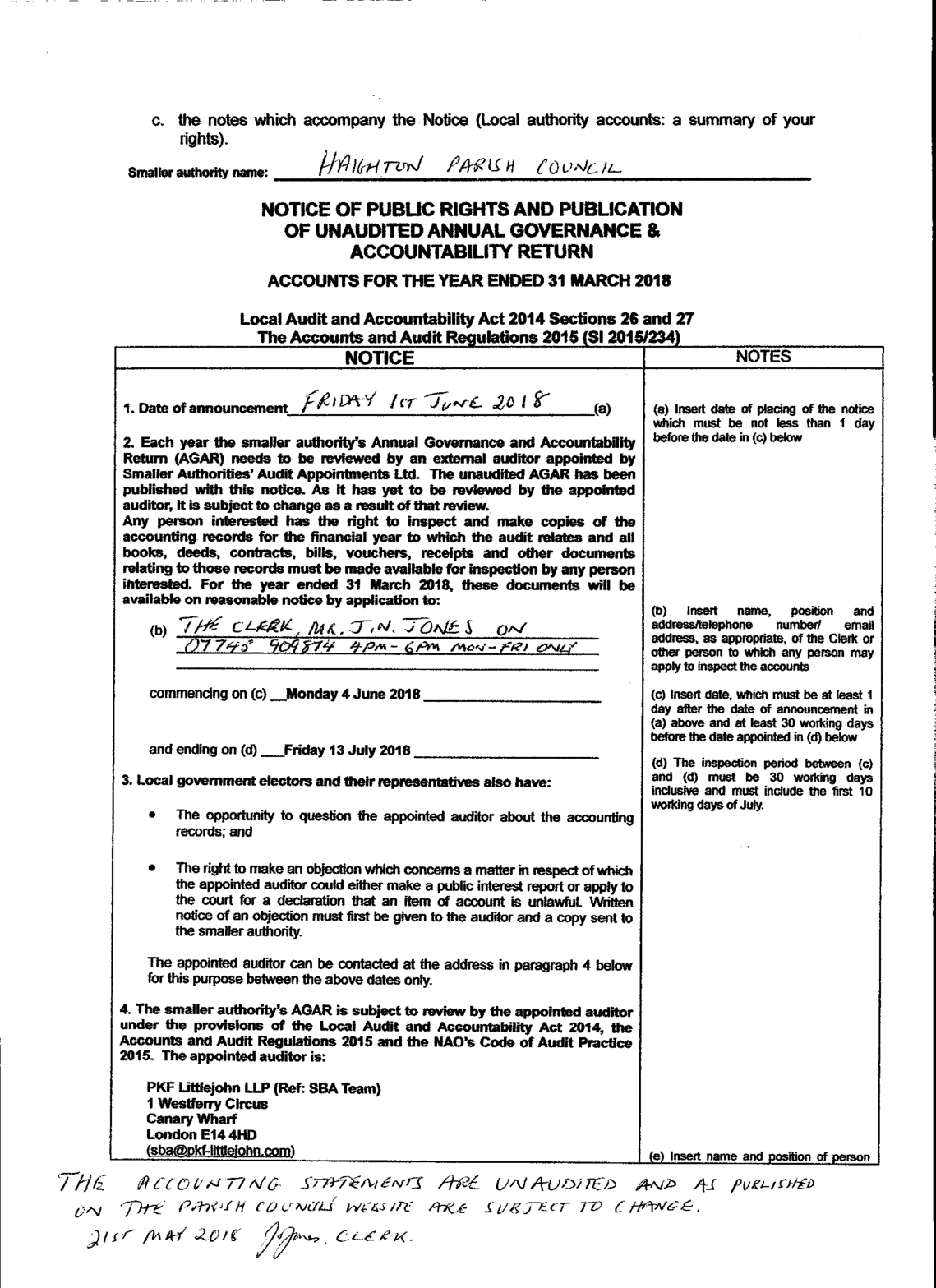 Notice of Public Rights Page 1 Audit YE 31st March 2018