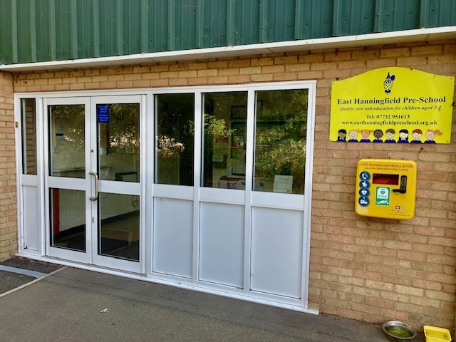 View of defibrillator to the right of the main door.