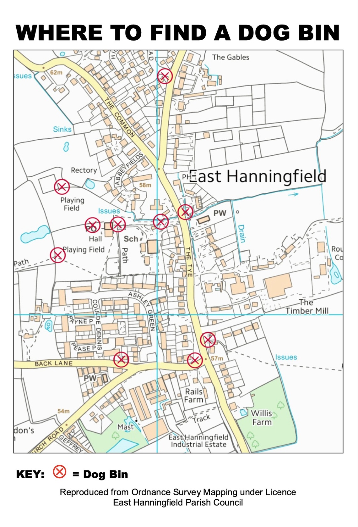 Map of dog bin locations in East Hanningfield Village