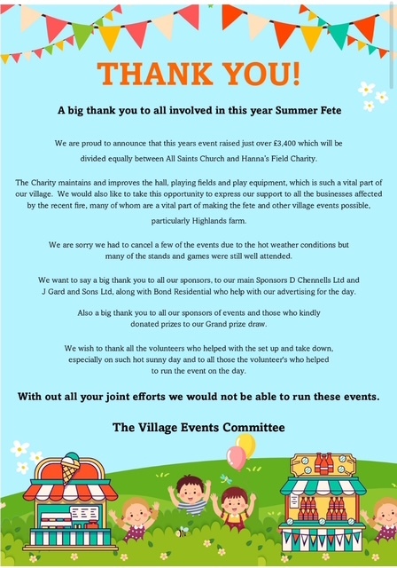 Thank yous for sponsorship and assistance with the Fete.