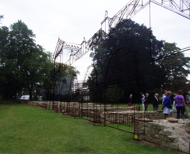 The bases of the eight start gates with an overlaid outline of how it may have looked when intact.