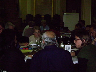 mixed  groups discussed sustainable living and environmental awareness with reference to multi faith/belief  inspirational texts - this photo shows Rashid Laher of Kingston Mosque, Edith Jayne of Kingston Quakers and Elise Barron of Kingston University Sustainability Hub