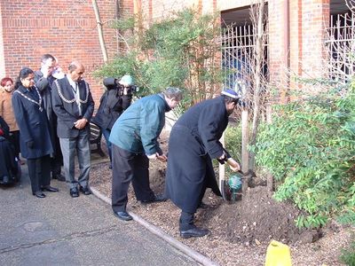 Rabbi David Mason and Rabbi Danny Rich plant the tree