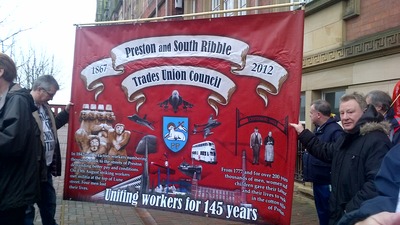 LATUC demonstration, 17.12.15, Lancashire County Council, Pitt Street entrance, County Hall, Preston