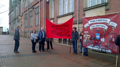 LATUC demonstration, 17.12.15, Lancashire County Council, Pitt Street entrance, County Hall, Preston