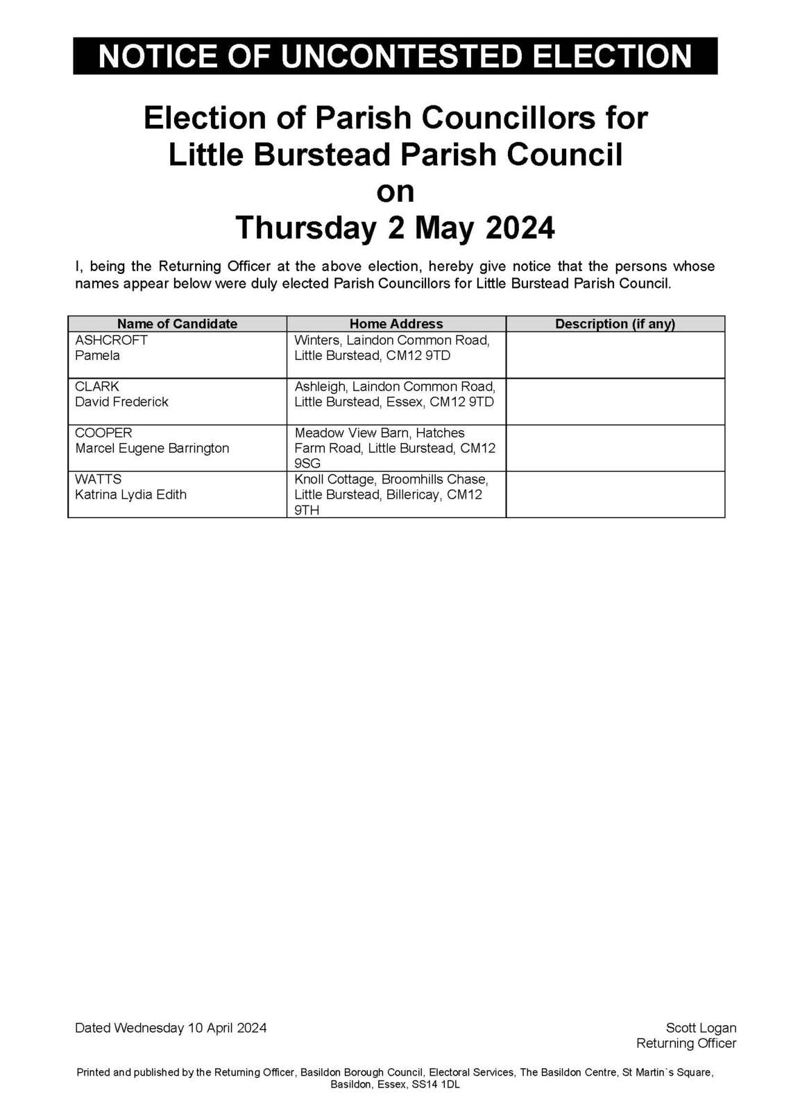 Notice of Uncontested Election 2024 - lists those elected as Pamela Ashcroft, David Clark, Katrina Watts and Marcel Cooper