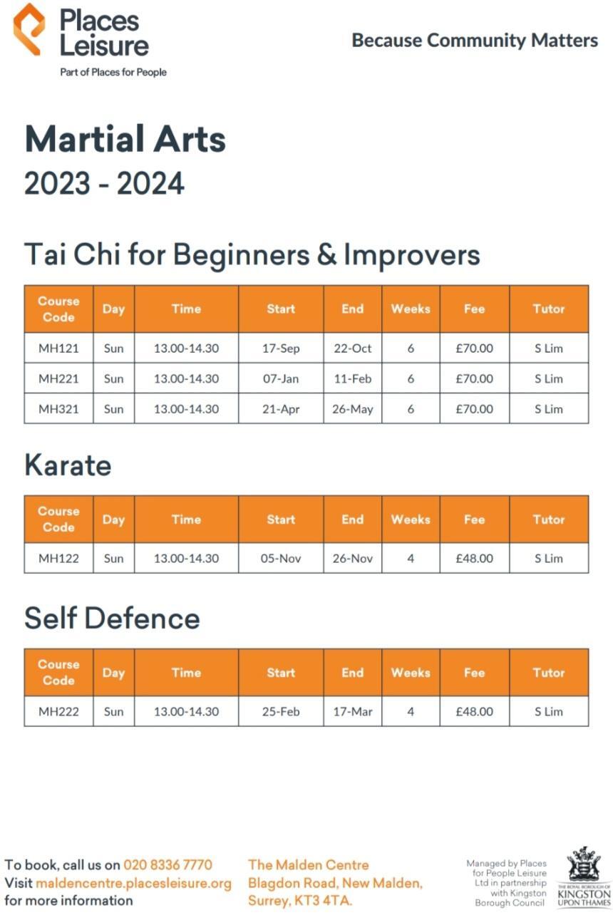 Taichi, Karate and Self Defense Classes 2023-24