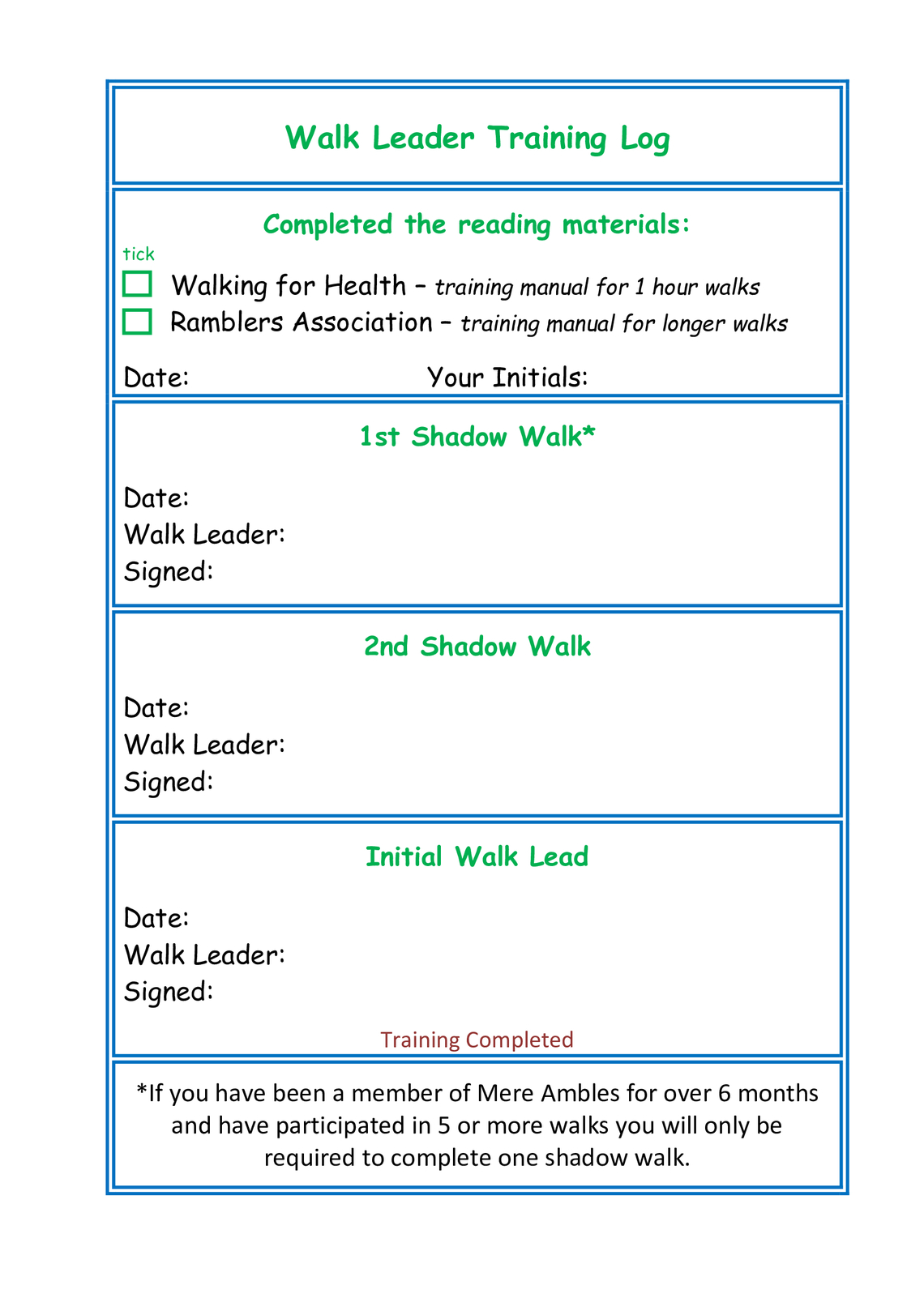 Walk Leader Training Log