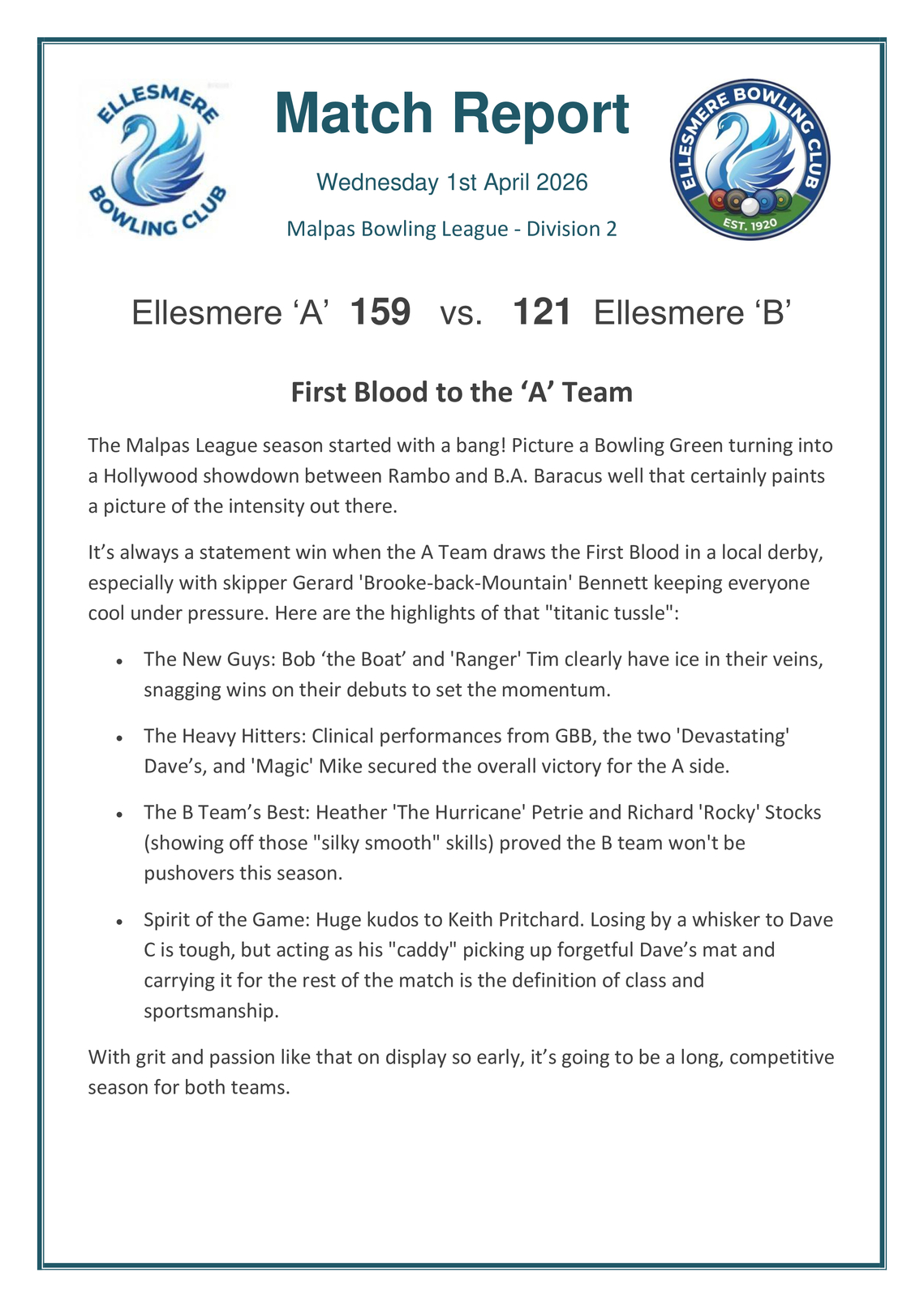 Match Report 1st April