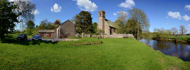 Musgrave Church Field: Tithe Barn, St Theobald's Church and the River Eden