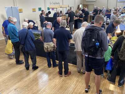 Visitors examining the models