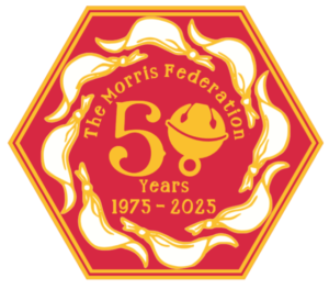 Hexagon in red and gold with a figure 5 and a bell surrounded by hankies. Text: The Morris Federation 1975-2025. 