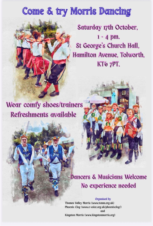Poster for Morris Recruitment Day showing Phoenix Clog, Kingston Morris and Thames Valley Morris 