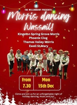 a poster for the wassail with a group of morris dancers