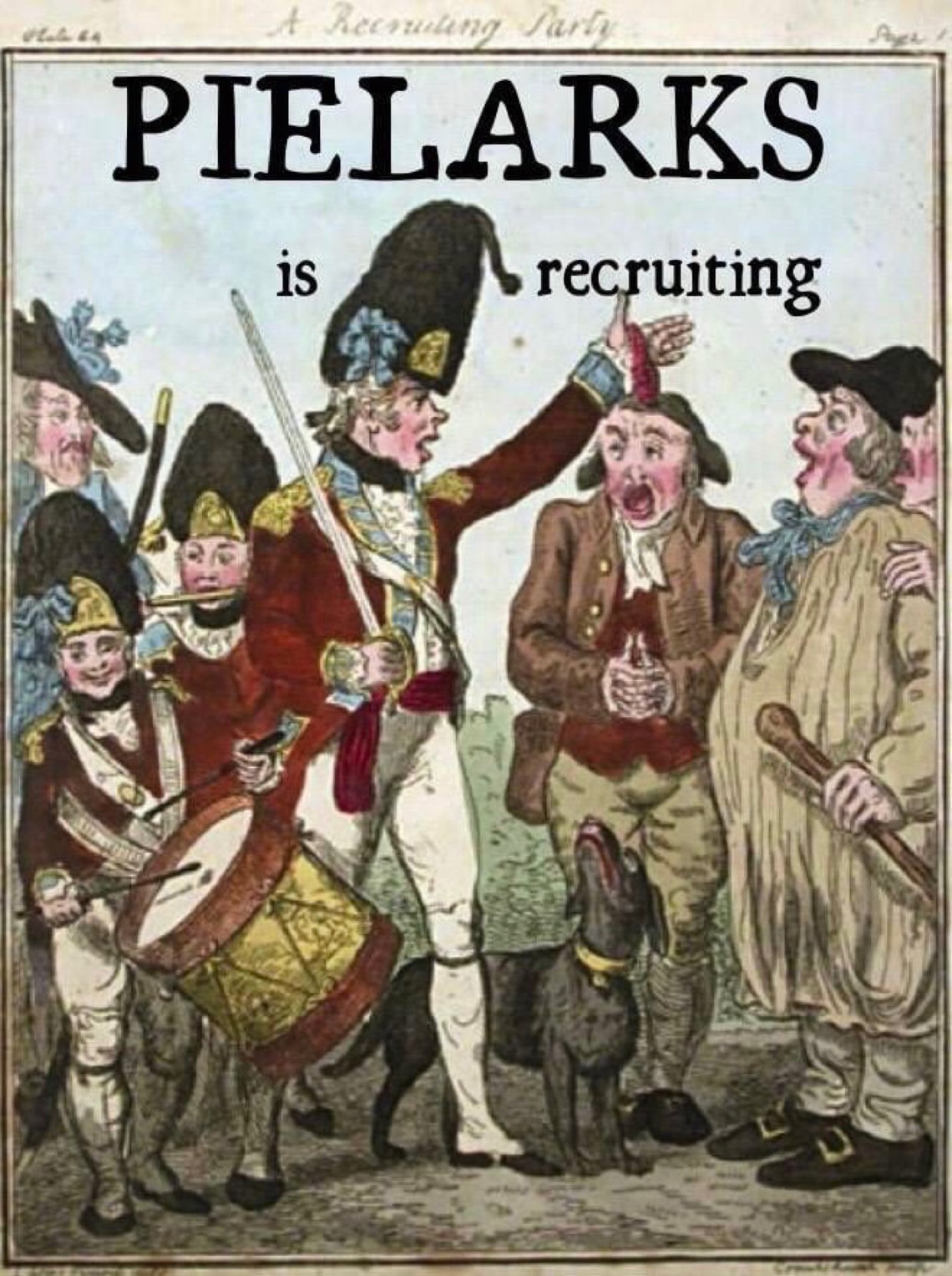 Coloured engraving of an 18th-century recruiting party, with an officer singing, boy soldiers playing fife and drum, three civilians joining in the singing, and a dog looking up at the officer.