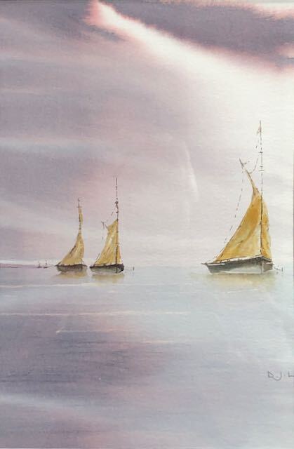 Watercolour painting of three sailboats on the sea with a dramatic sky