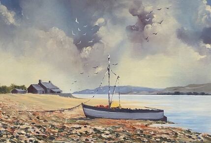 Oil painting of a sailboat drawn up onto the shore