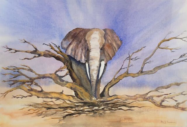 Watercolour painting of an elephant crashing through a dead tree