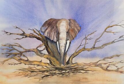 Watercolour painting of an elephant crashing through a dead tree