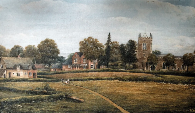 Painting of Ross Meadow towards church