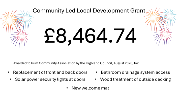 £8464.74 awarded to RCA for Replacement of front and back doors, Bathroom drainage system access, Solar power security lights at doors, Wood treatment of outside decking, New welcome mat