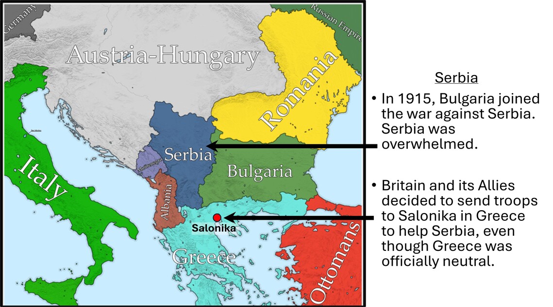 Map showing Bulgaria's attack on Serbia and the Allied response