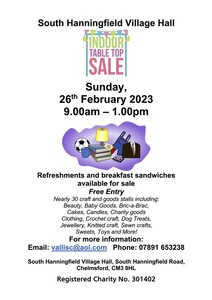 Indoor Table Top Sale Sunday 26th February 2023