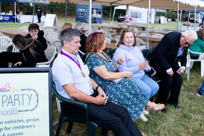 Chelmsford City Mayor, Cllr Linda Mascot sitting with Sandra finding out more about our hall and the show whilst waiting for the Irish the dancing demonstration  with the  Maureen Corr Irish Dancers