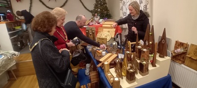 The Mayor of Chelmsford Councillor Janette Potter and Mayoress Councillor Jackie Galley purchasing from Dewin Pren Woodworking