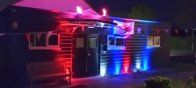 The hall turns Red White and Blue celebrating the 80th anniversary of VE Day