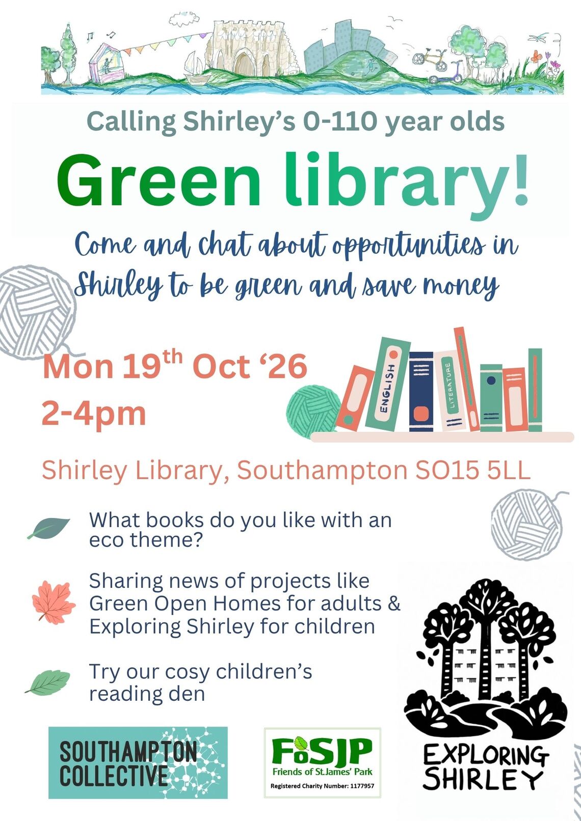 A poster advertising this event 2-4pm for chatting about green issues and local projects with an eco theme