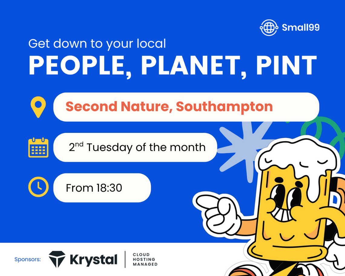Cartoon pint of beer pointing to words to get down to your local People Planet Pint, second Tuesday of each month at Second Nature Southampton from 6.30pm