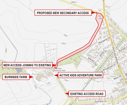 an image showing the prposed new access road to Active Kids park from Airntully