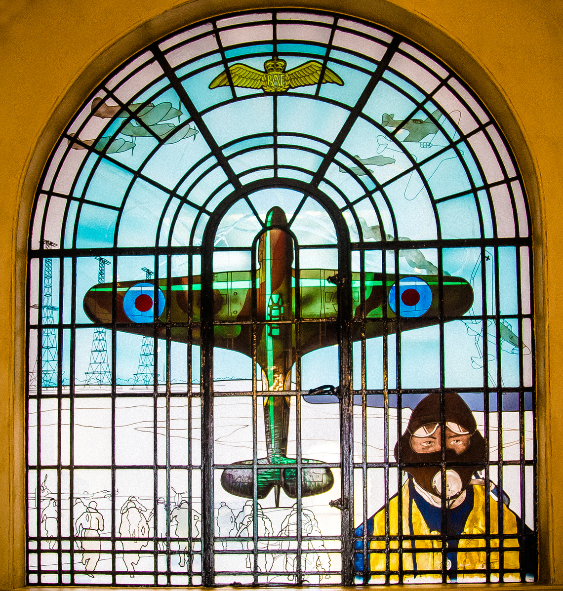 Bentley Priory window of WWII plane and fighter pilot