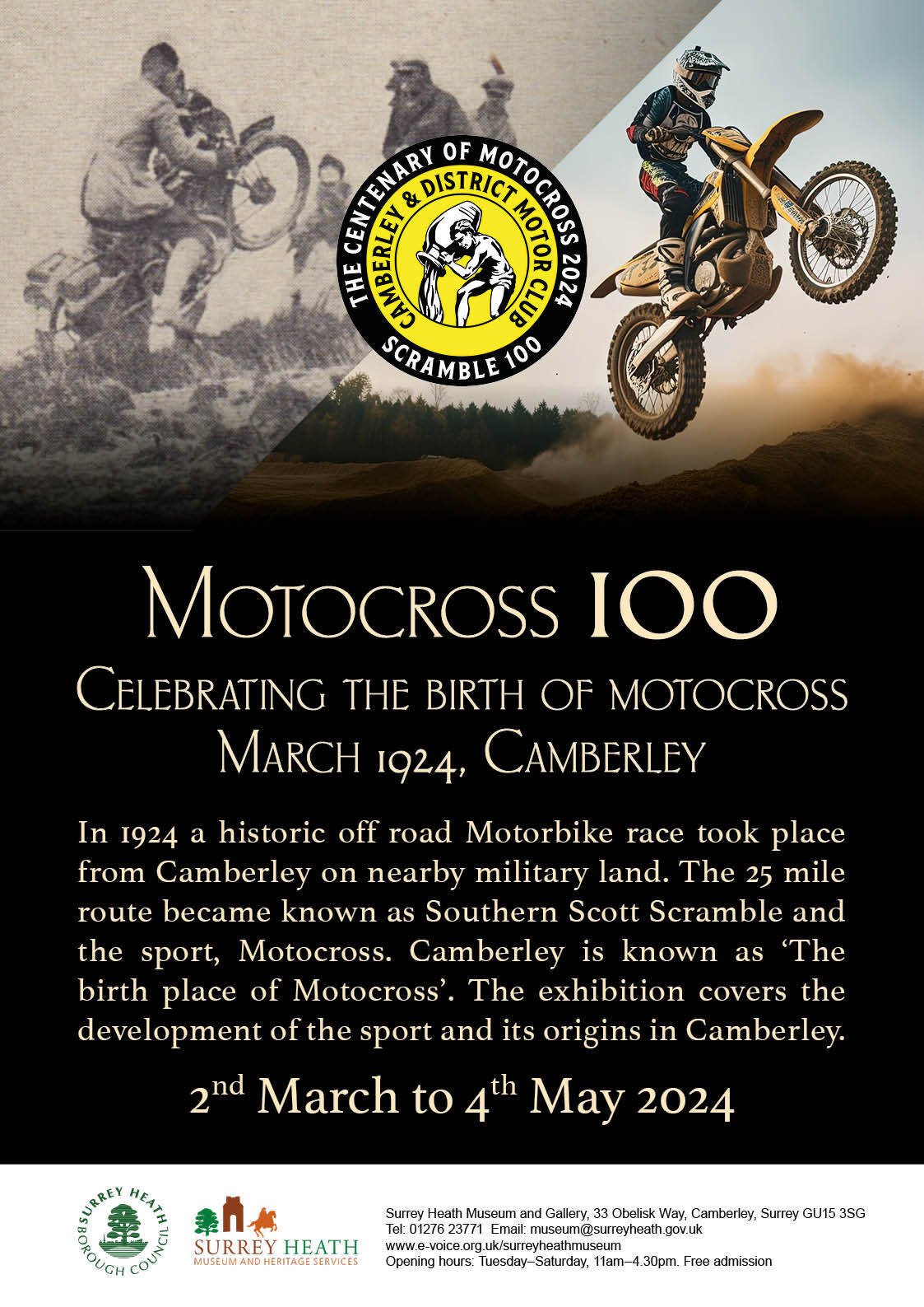 Poster for exhibition with motorbike past and present on it 