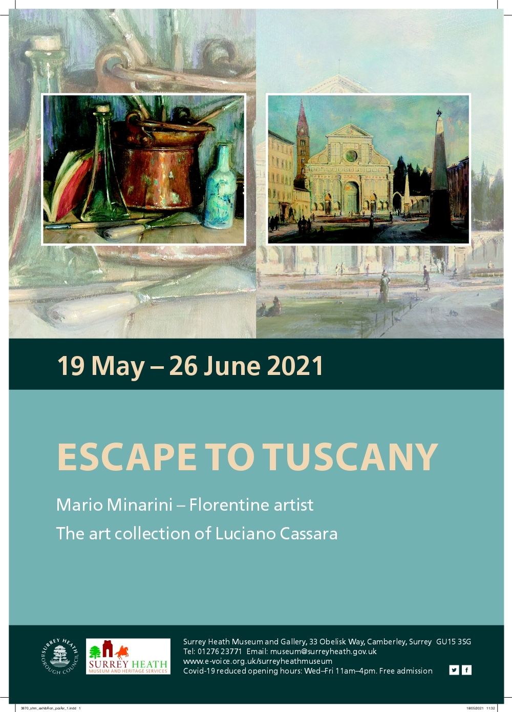 Poster for Tuscany exhibition with church and artist&#39;s pallete