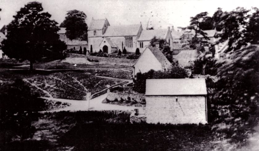 Duntisbourne Abbots - St Peter's Church thought to be circa pre-1860 (prior to Church renovation and extension) showing: old graveyard, the then new Moot Room, a much smaller Davenport House and Mrs Radway's thatched barn (part of the Old Post Office now The Laurells) 