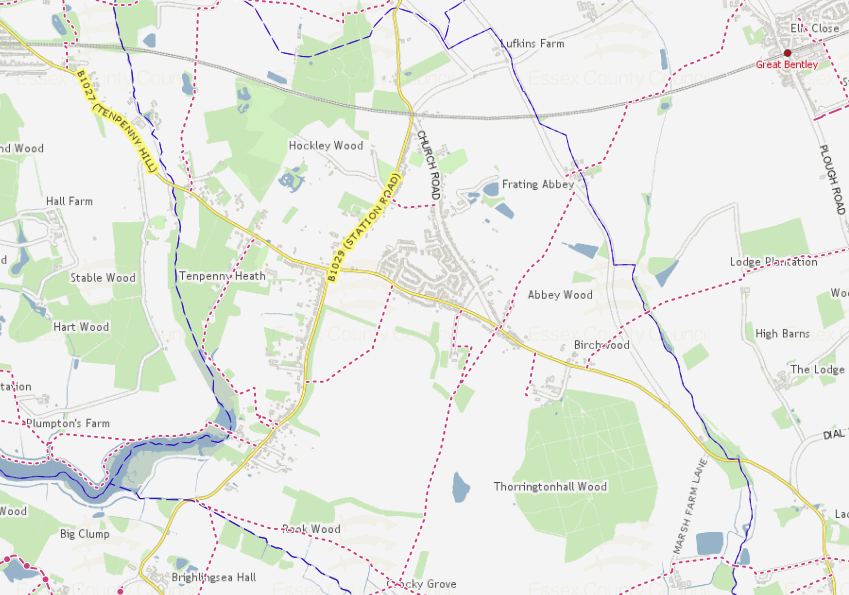 Overview of footpaths around Thorrington, Essex